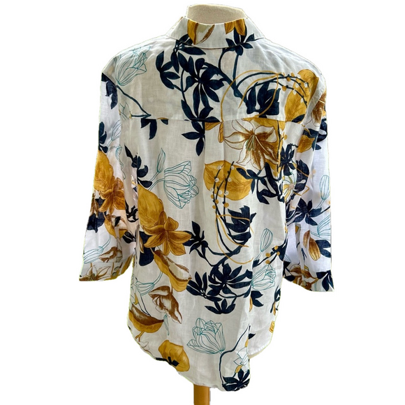 Chico’s No Iron Linen Shirt Size 16 Tropical Garden 3/4 Sleeve Gold NEW - Picture 8 of 14